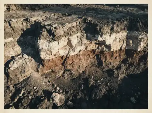 A horizontal band of cut earth showing a pale caliche layer over a deeper red clay band.