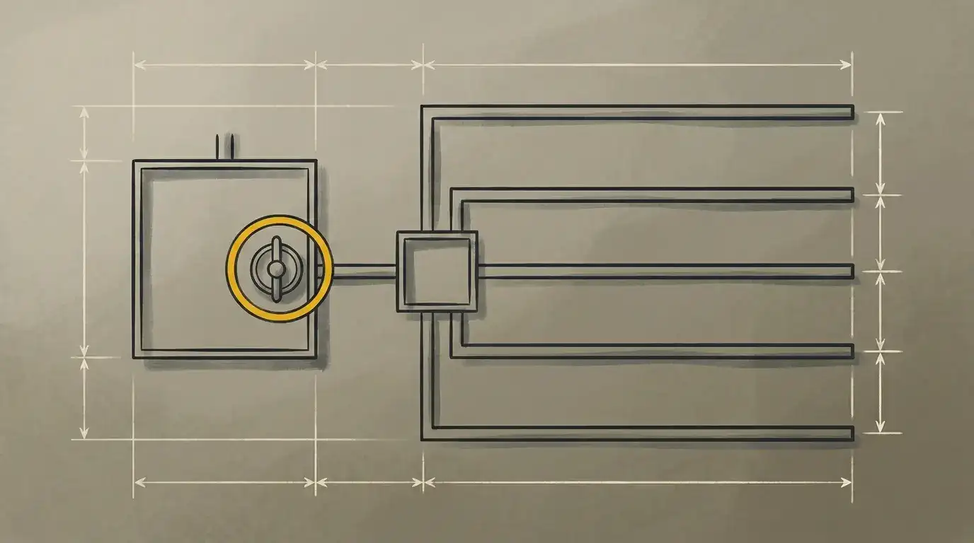 A plan-view line diagram of a septic tank, a distribution box, and the lateral drain lines running from it, over flat earth-tone ground.