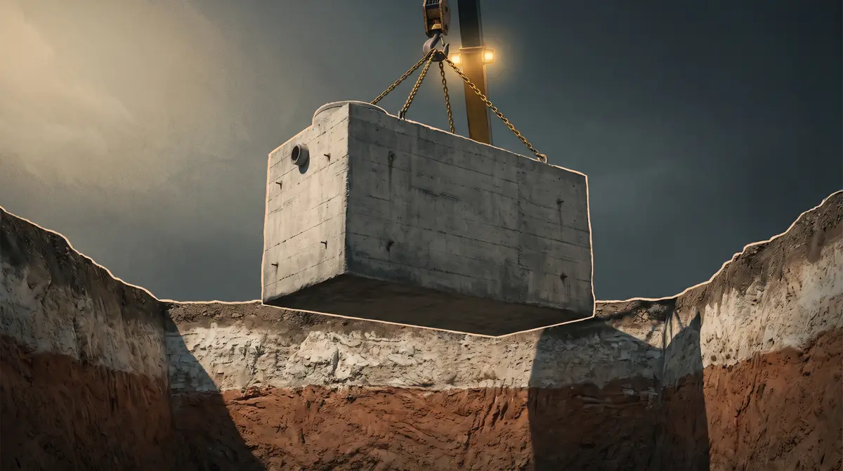A precast concrete septic tank, its board-formed surface and tie-rod marks visible, hangs from a yellow lifting chain above an open trench where the soil shows a pale caliche layer over red clay.